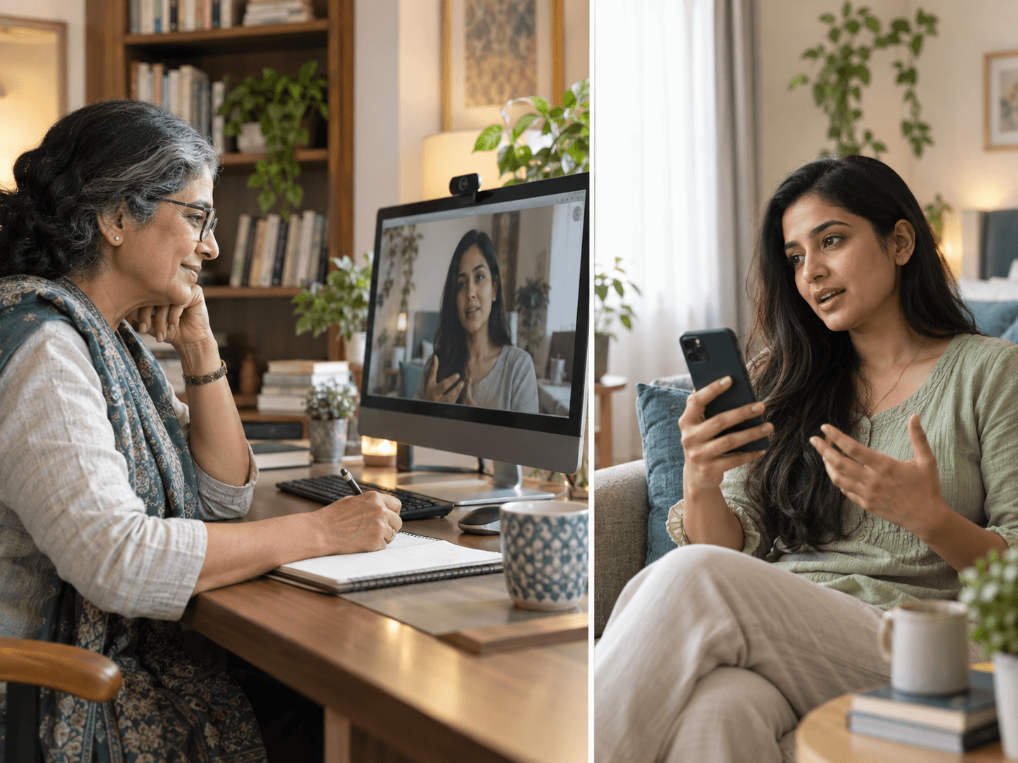 An experienced mental health professional speaking with a young adult during a private online counselling session